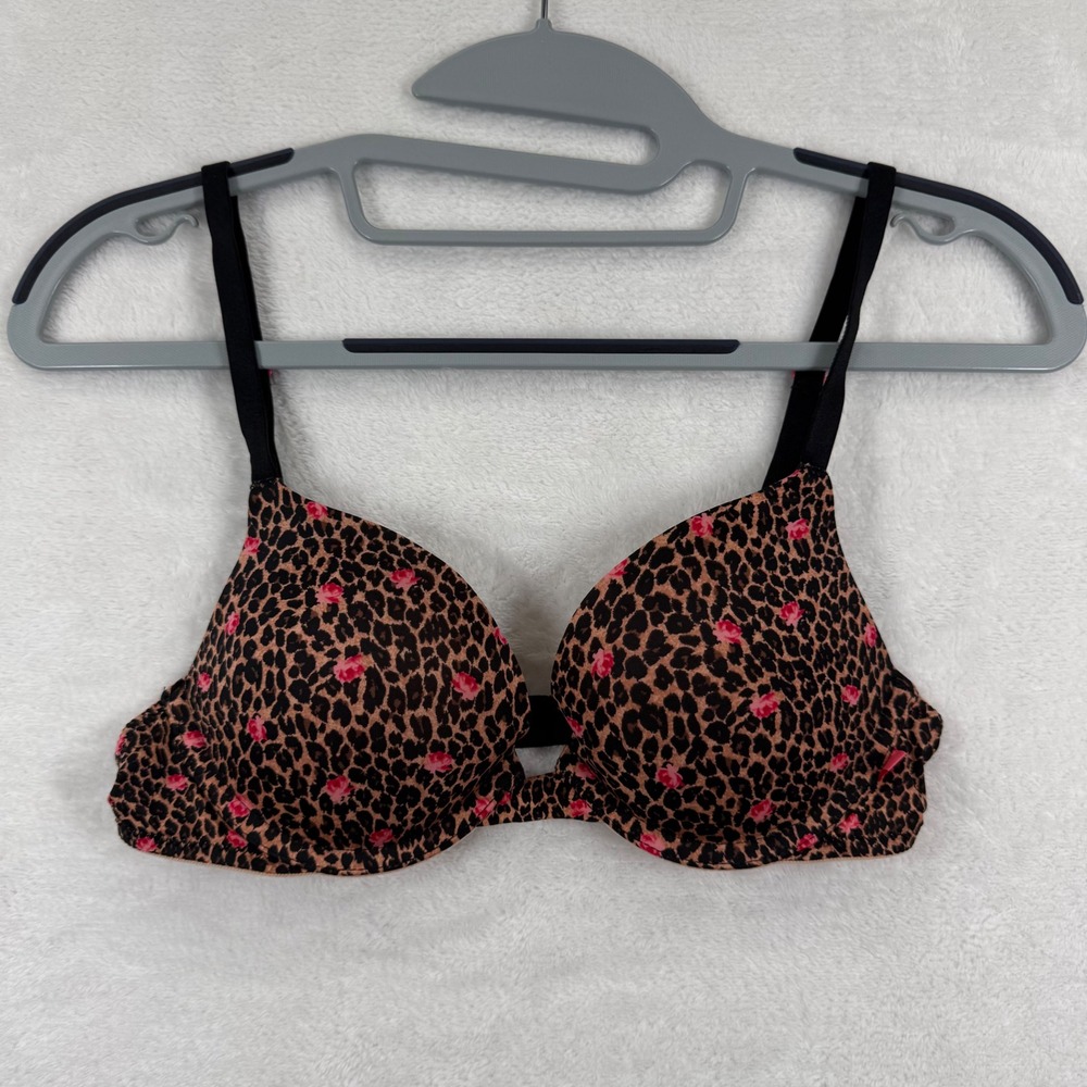 Victoria's Secret Leopard Pink‎ Rose Push Up Bra 32B Brown Black Floral